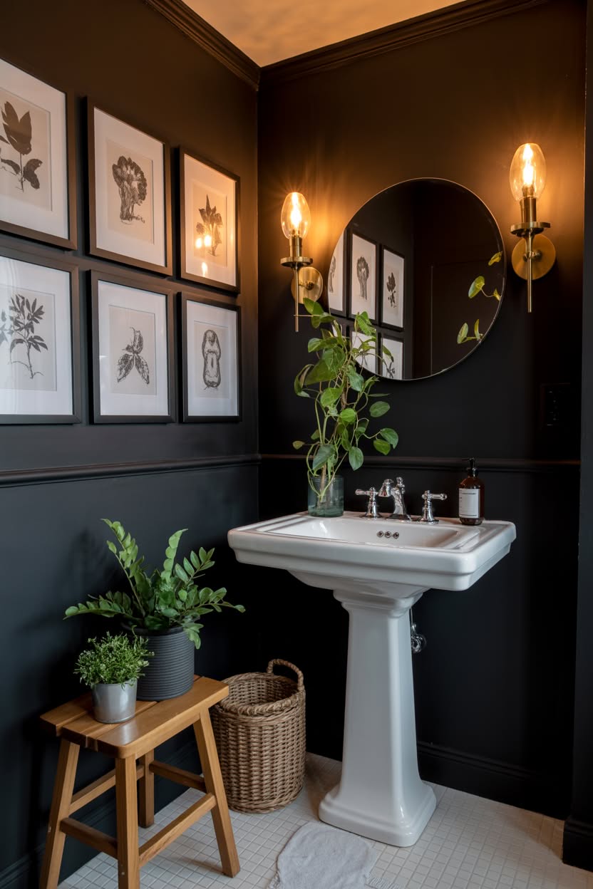 Moody black powder room with botanical prints, pedestal sink, and vintage styling