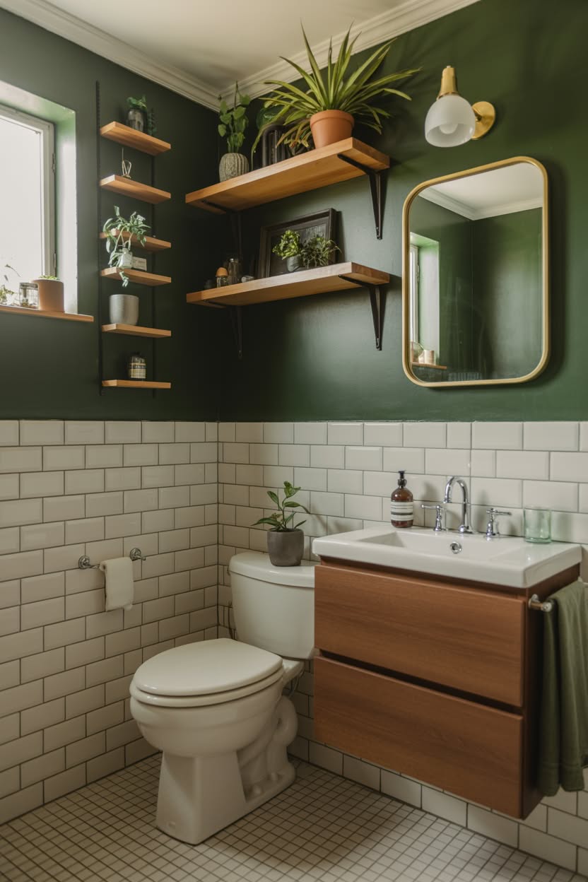 Calming sage green bathroom with white subway tiles, floating shelves, and natural wood vanity