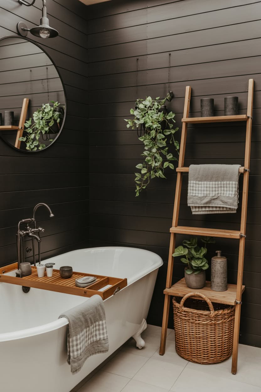 Dark gray shiplap bathroom with freestanding tub, ladder shelf, and industrial touches