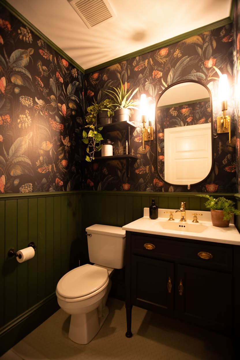 Bold floral wallpaper bathroom with forest green wainscoting and vintage vanity
