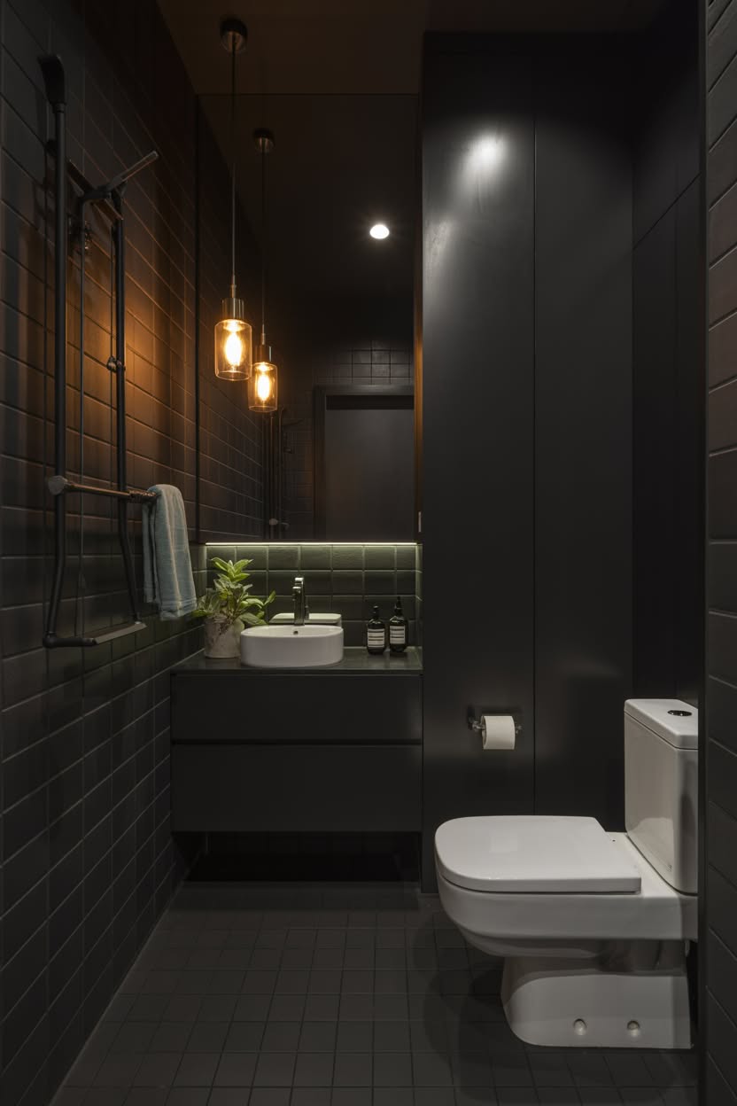 Sleek black tiled bathroom with pendant lighting, floating vanity, and minimalist design