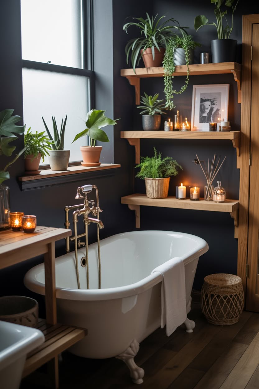 Cozy dark gray bathroom featuring white clawfoot tub, wooden shelves with plants, and warm candlelight