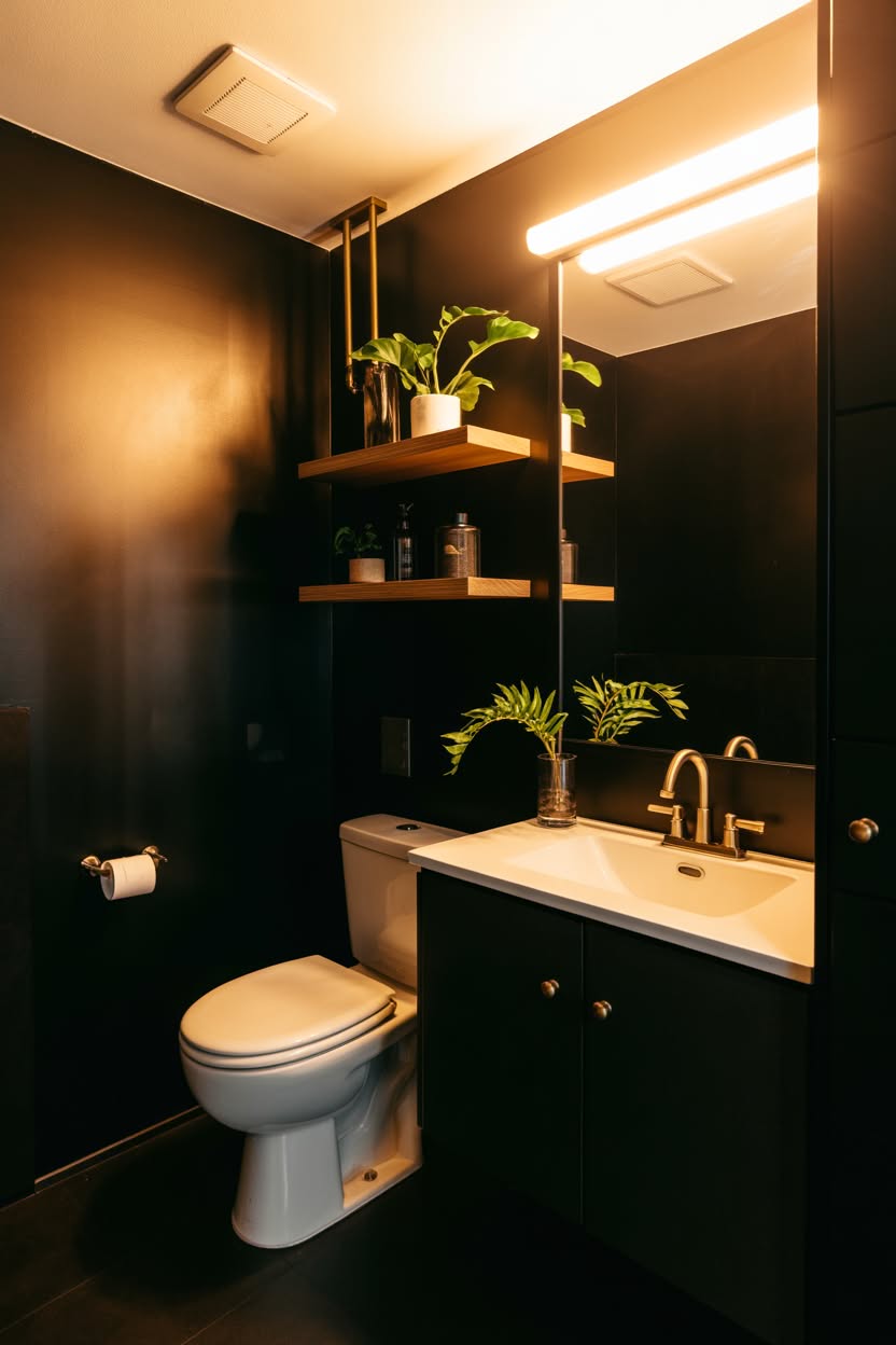 Elegant black bathroom with floating shelves, brass fixtures, and modern vanity