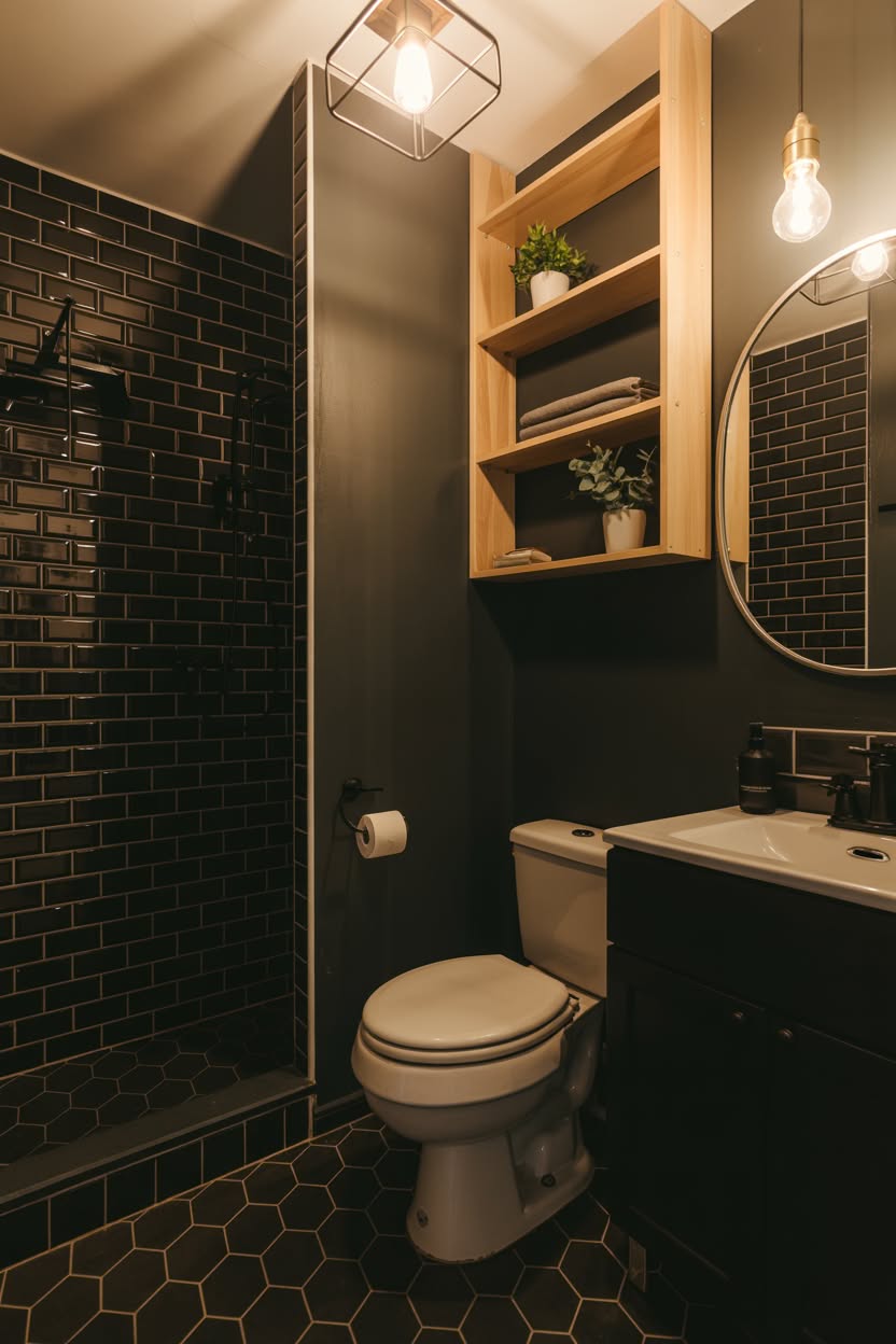 Modern dark green bathroom with black hexagon floor tiles, floating shelves, and geometric design