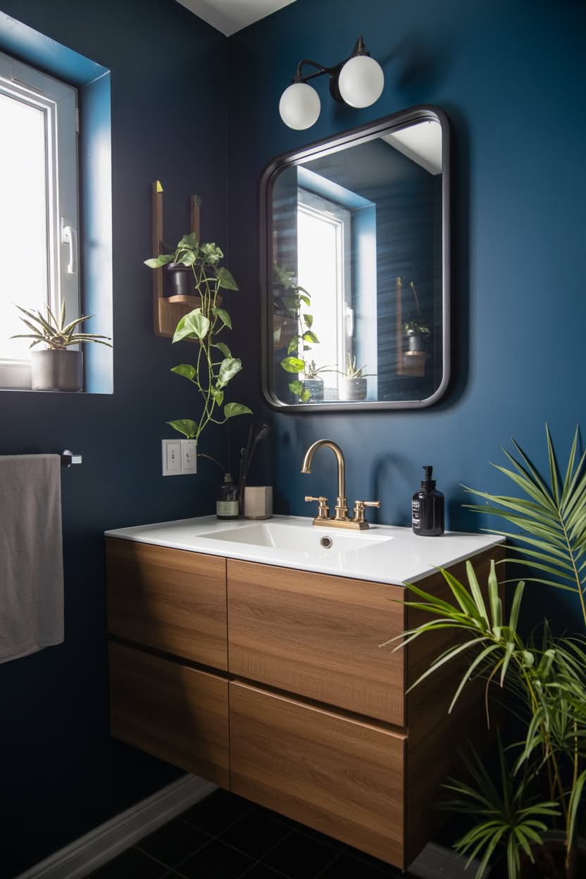 Dramatic teal bathroom with wood floating vanity, modern fixtures, and abundant natural light