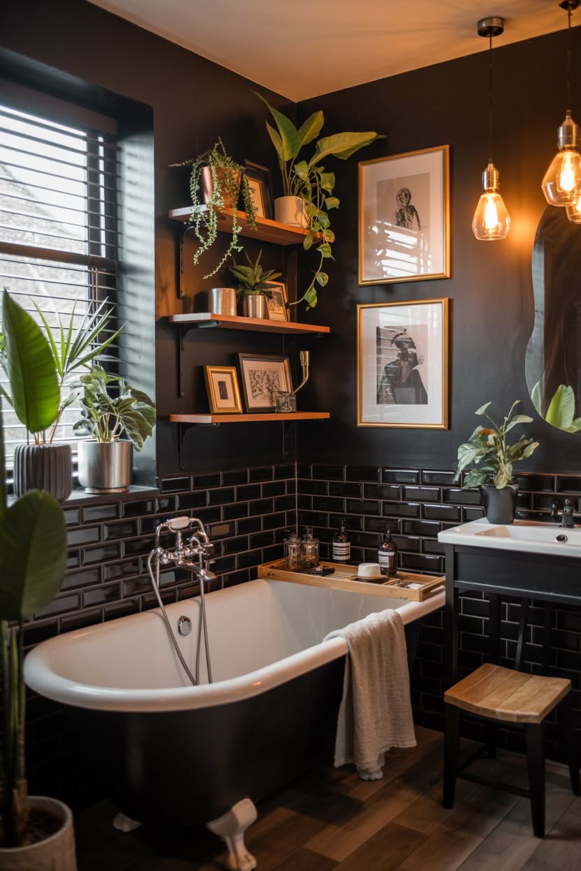 Sophisticated black tiled bathroom with corner bathtub, floating shelves, and warm wood accents