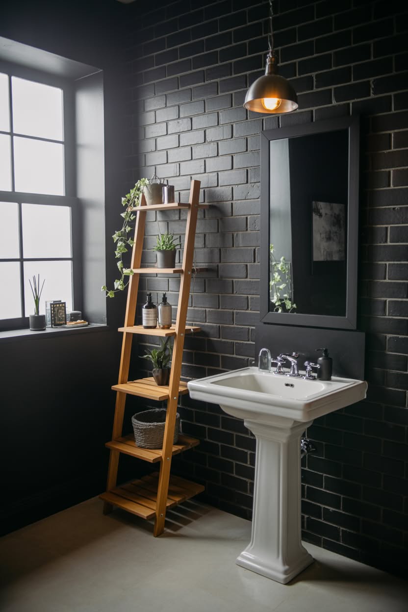 Industrial bathroom with dark gray brick tiles, pedestal sink, wooden ladder shelf, and pendant lighting