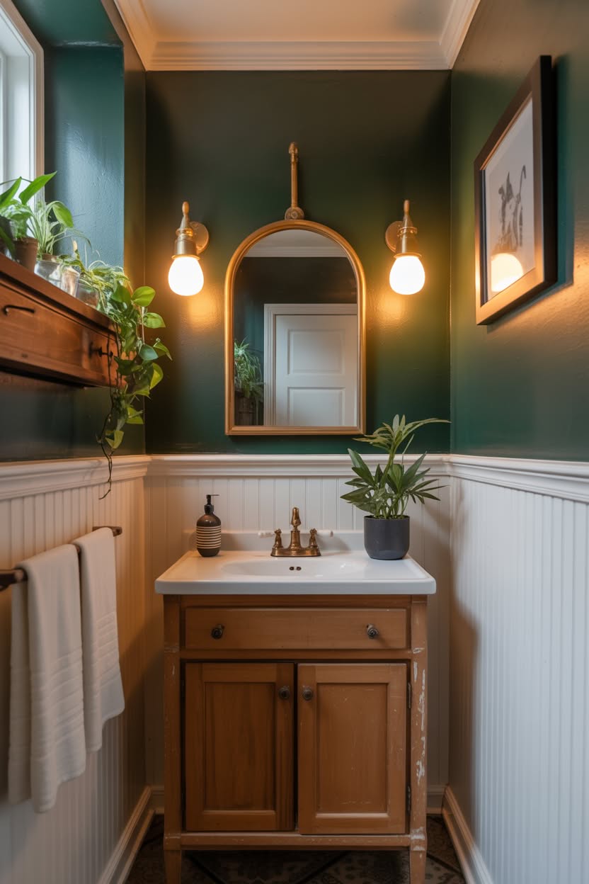 Deep forest green powder room with white wainscoting, vintage wood vanity, and brass fixtures