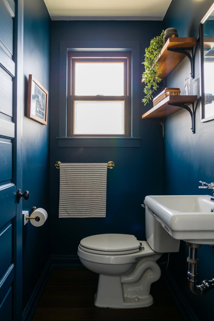 Deep navy blue bathroom with floating wood shelves, white fixtures, and minimalist plant decor