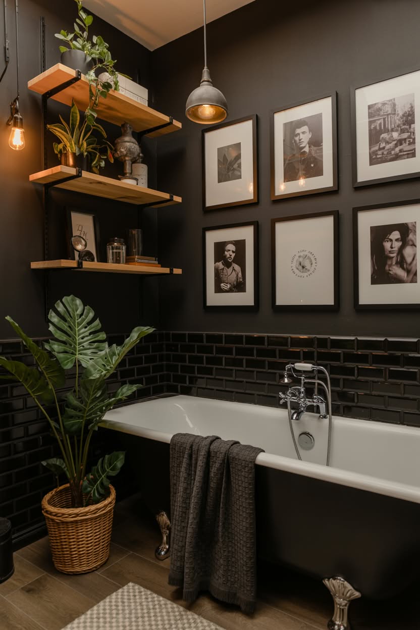 Sophisticated black bathroom with gallery wall, floating shelves with plants, and vintage clawfoot tub