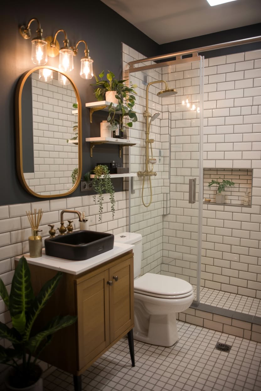 Dark green upper walls with white subway tile, wood vanity, black fixtures, and gold accents