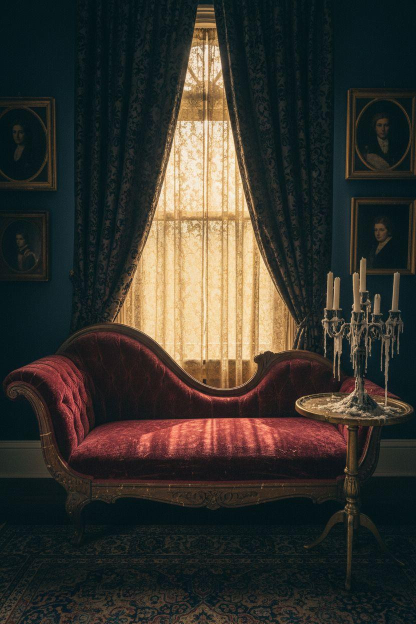 Dark feminine bedroom with Victorian chaise lounge