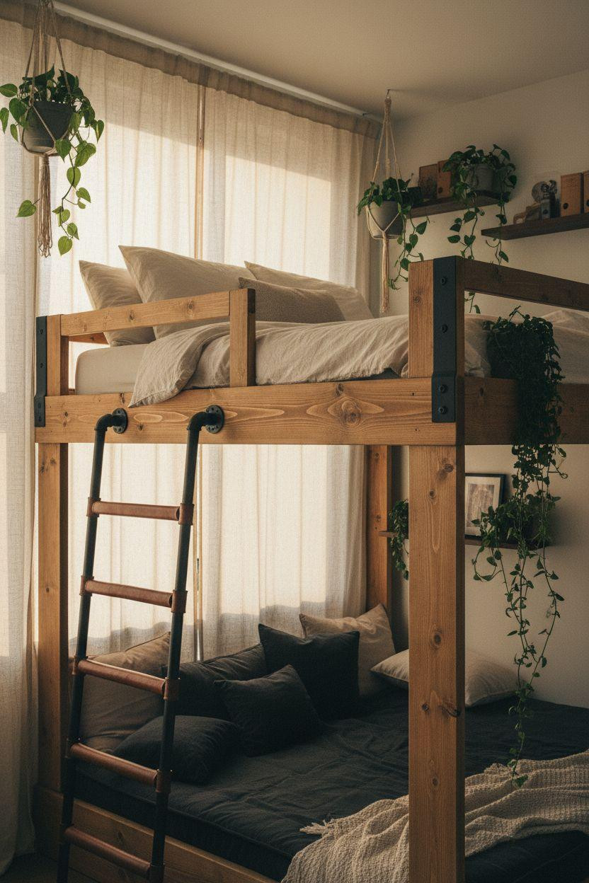 diy loft bed for adults with reclaimed pine wood planks and industrial pipe ladder in micro-apartment