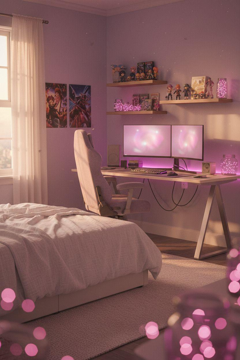 Bloxburg Bedroom Ideas - cozy lavender gaming bedroom
