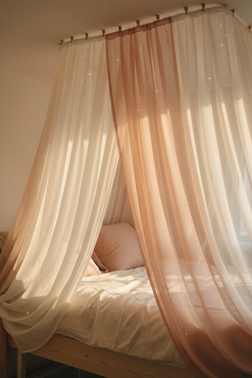 Loft Bed Decorating Ideas - loft bed with billowing sheer canopy and fairy lights