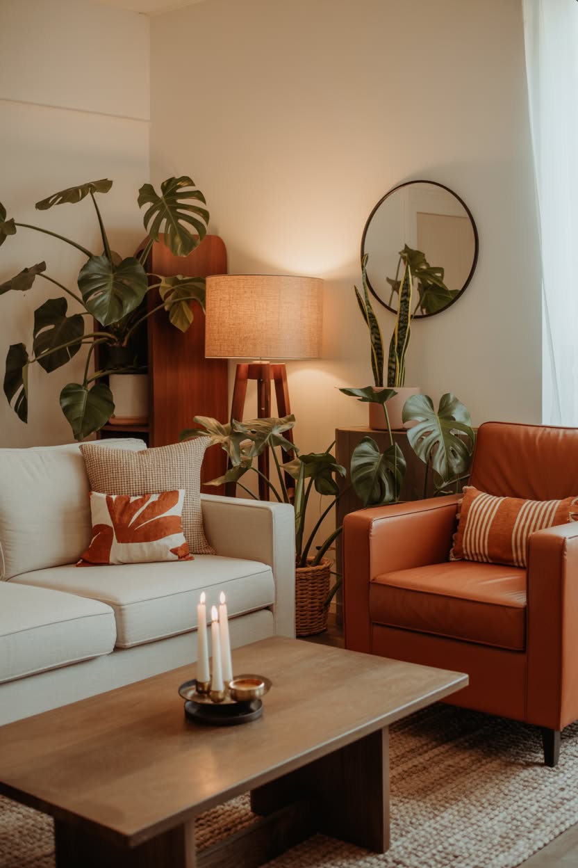 cozy cottage aesthetic living room with burnt orange leather chair cream sofa monstera plants and warm ambient lighting