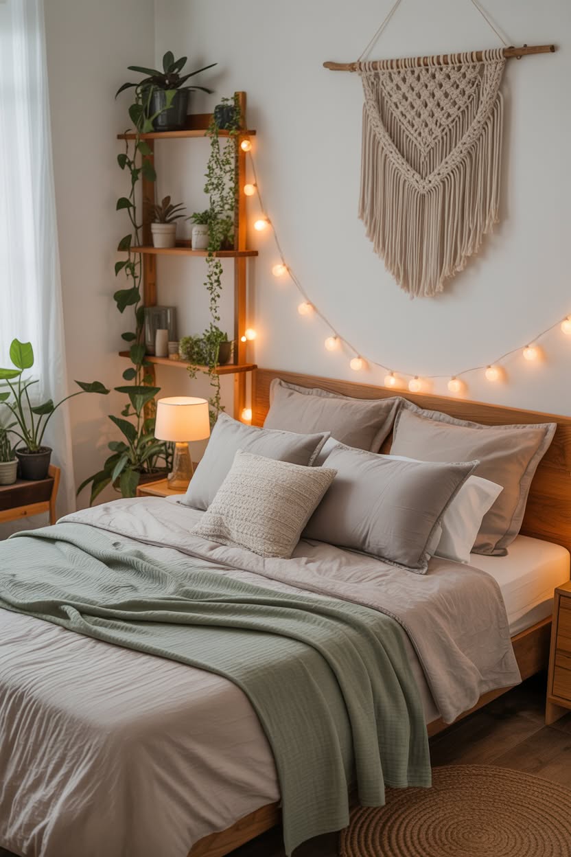 boho cottage bedroom with macrame wall hanging floating wooden shelves hanging plants and terracotta orange bedding