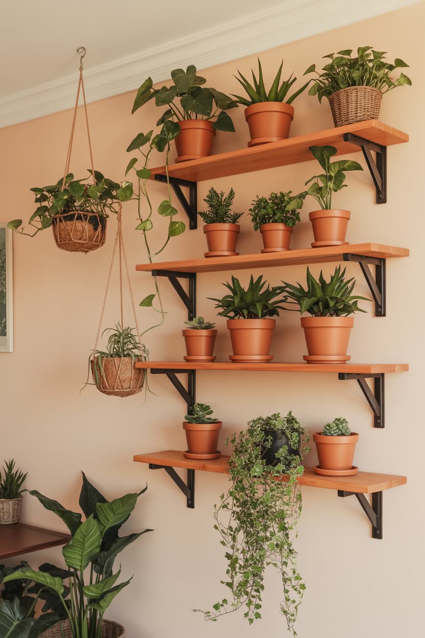cottage inspo entryway with wooden console table round mirror hanging baskets and collection of potted plants
