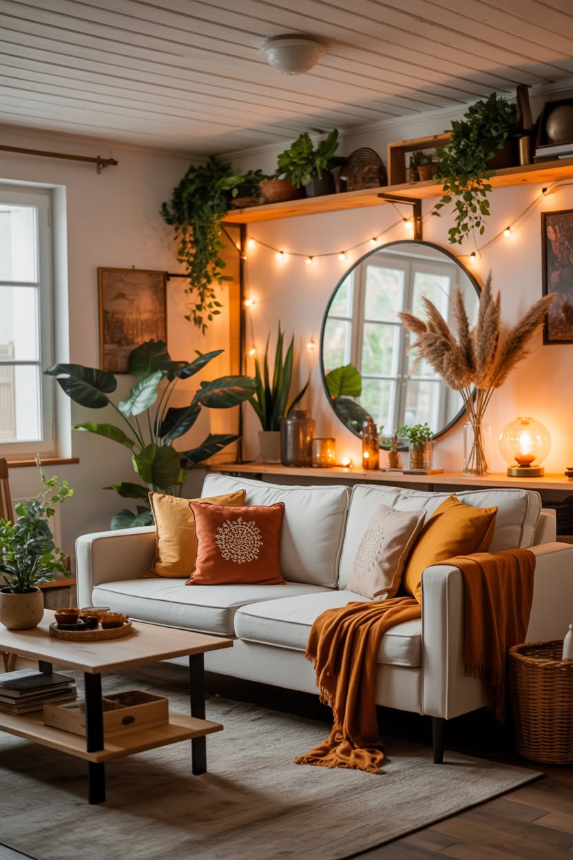 cottage core interior design plant wall with tiered wooden shelves terracotta pots hanging planters and trailing ivy