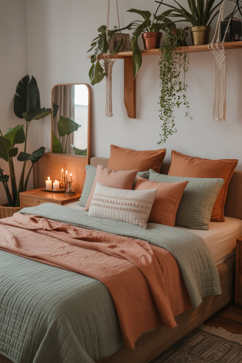 cottagecore bedroom with floating shelves cascading ivy plants sage green bedding and botanical artwork
