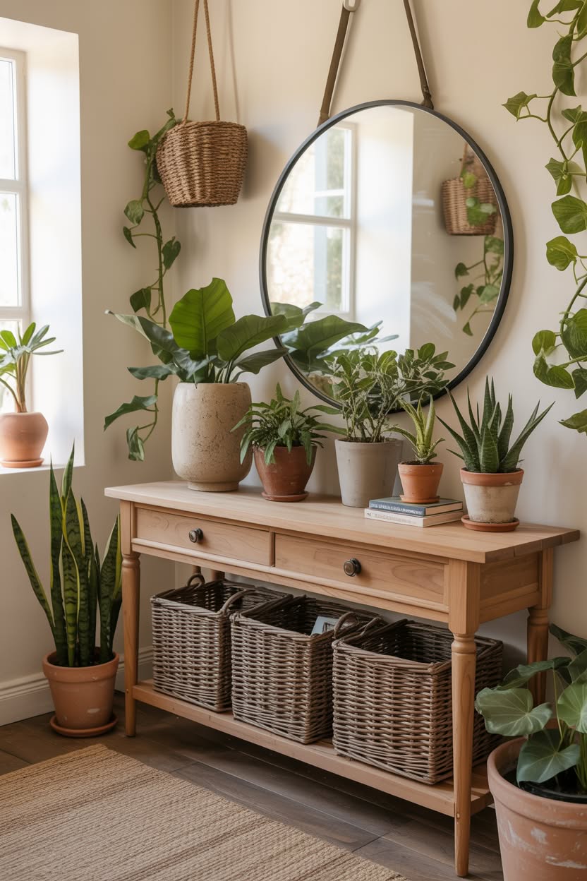 cozy cottage aesthetic living room with sunburst rattan mirror tan leather sofa macrame wall art and monstera plants
