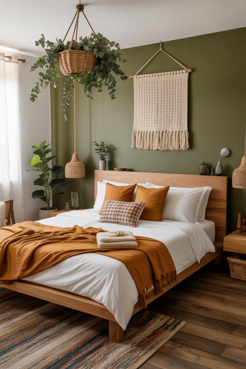 modern cottage core bedroom with wooden ladder shelf multiple plant levels terracotta pots and cream bedding