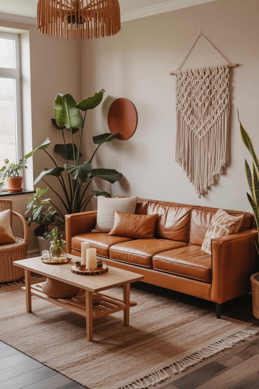 cottage aesthetic interior with illuminated floating shelves string lights round mirror and cream sectional with burnt orange pillows