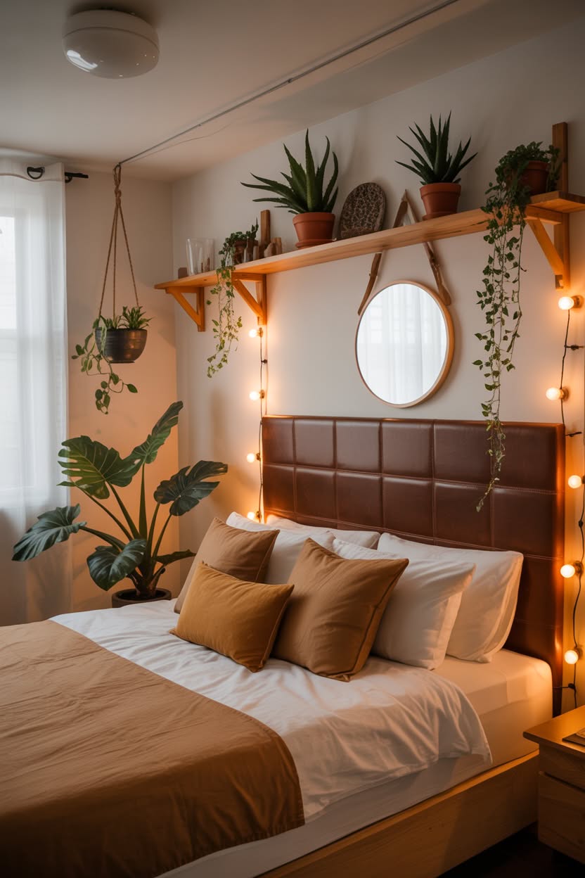 cottagecore bedroom with wooden bracket shelves hanging planters terracotta orange and sage bedding and macrame art