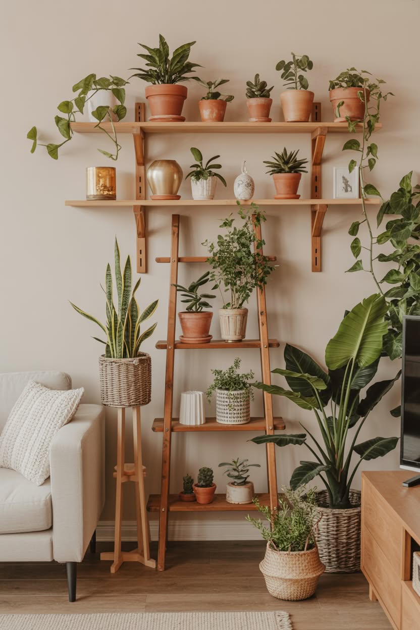 modern cottage core living room with cream sofa burnt orange throw round wooden mirror and abundant greenery