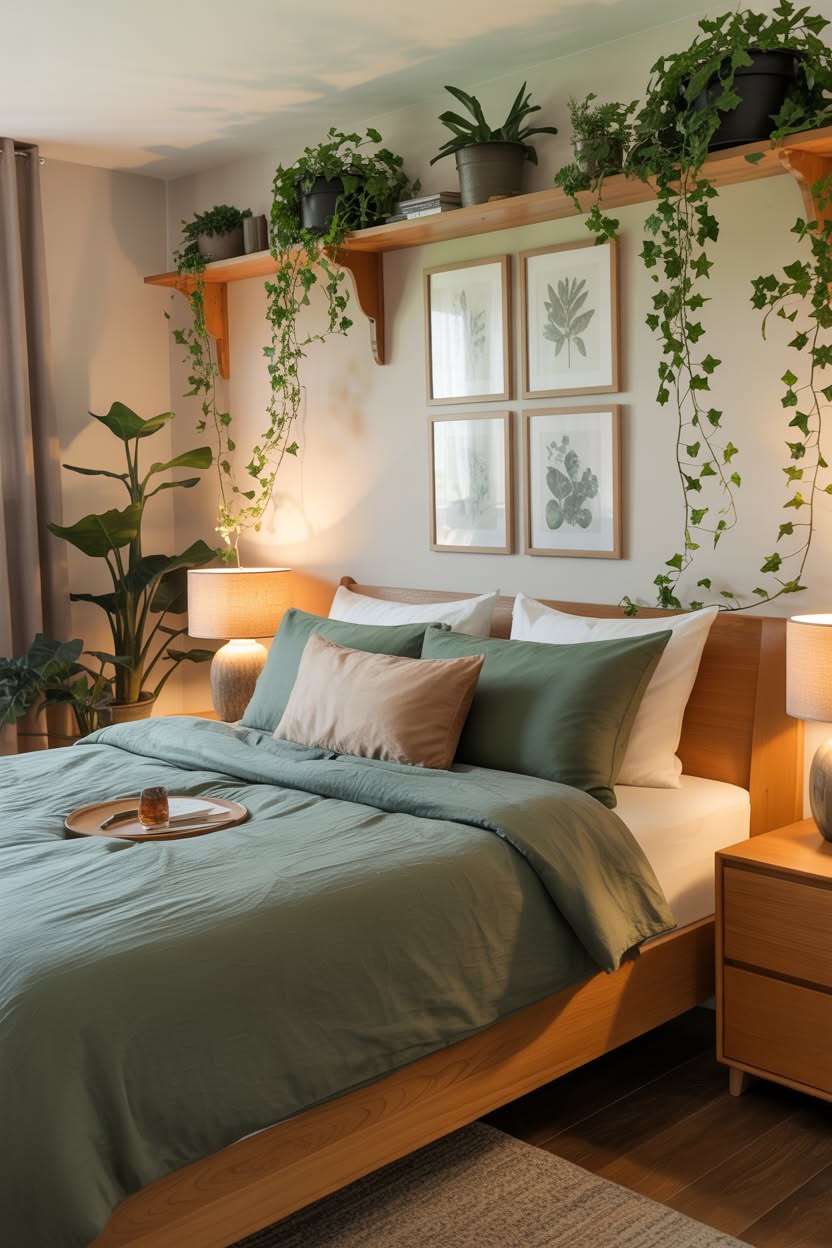 boho cottage bedroom with terracotta half wall hanging plants natural wood bed and mustard orange bedding