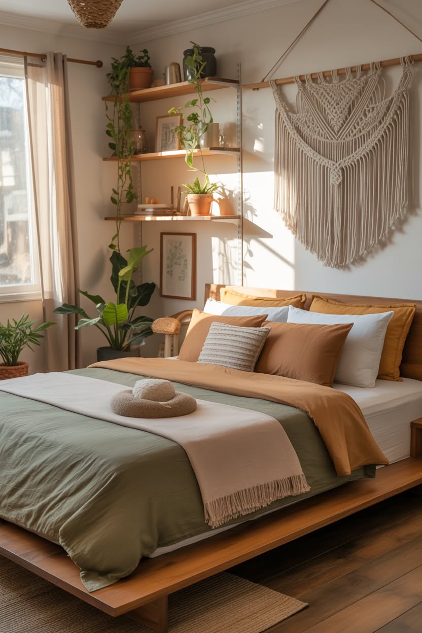 boho cottage bedroom with low platform bed sage green bedding macrame wall hanging and floating wood shelves with trailing plants