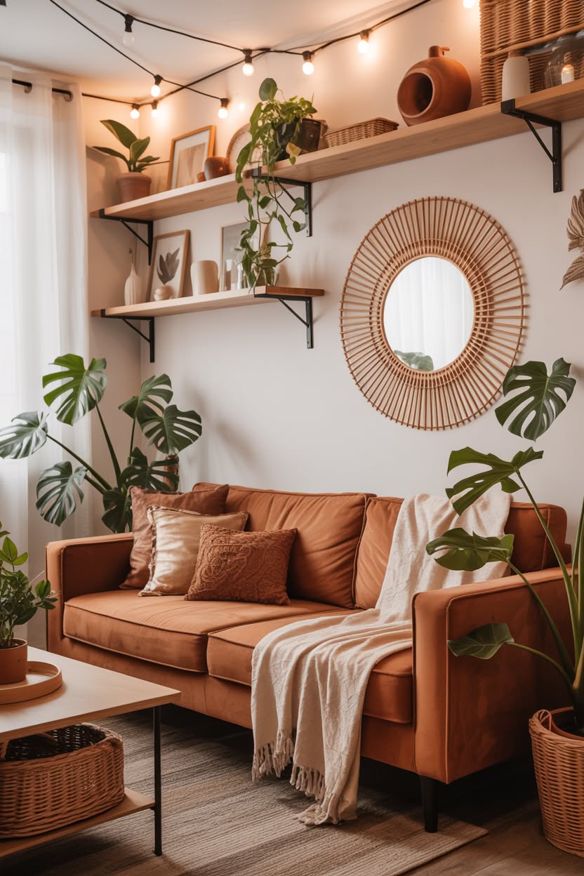 cottage inspo bedroom with leather panel headboard floating shelf string lights and trailing pothos plants