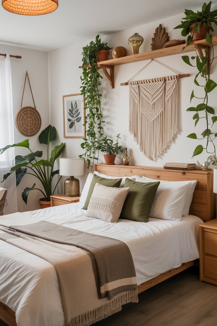 cottage aesthetic interior with wooden ladder shelf floating shelves terracotta plant collection and woven baskets