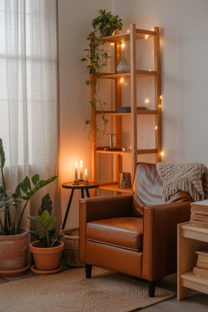 cottagecore house interior bedroom with floating shelves trailing ivy botanical gallery wall and sage green bedding