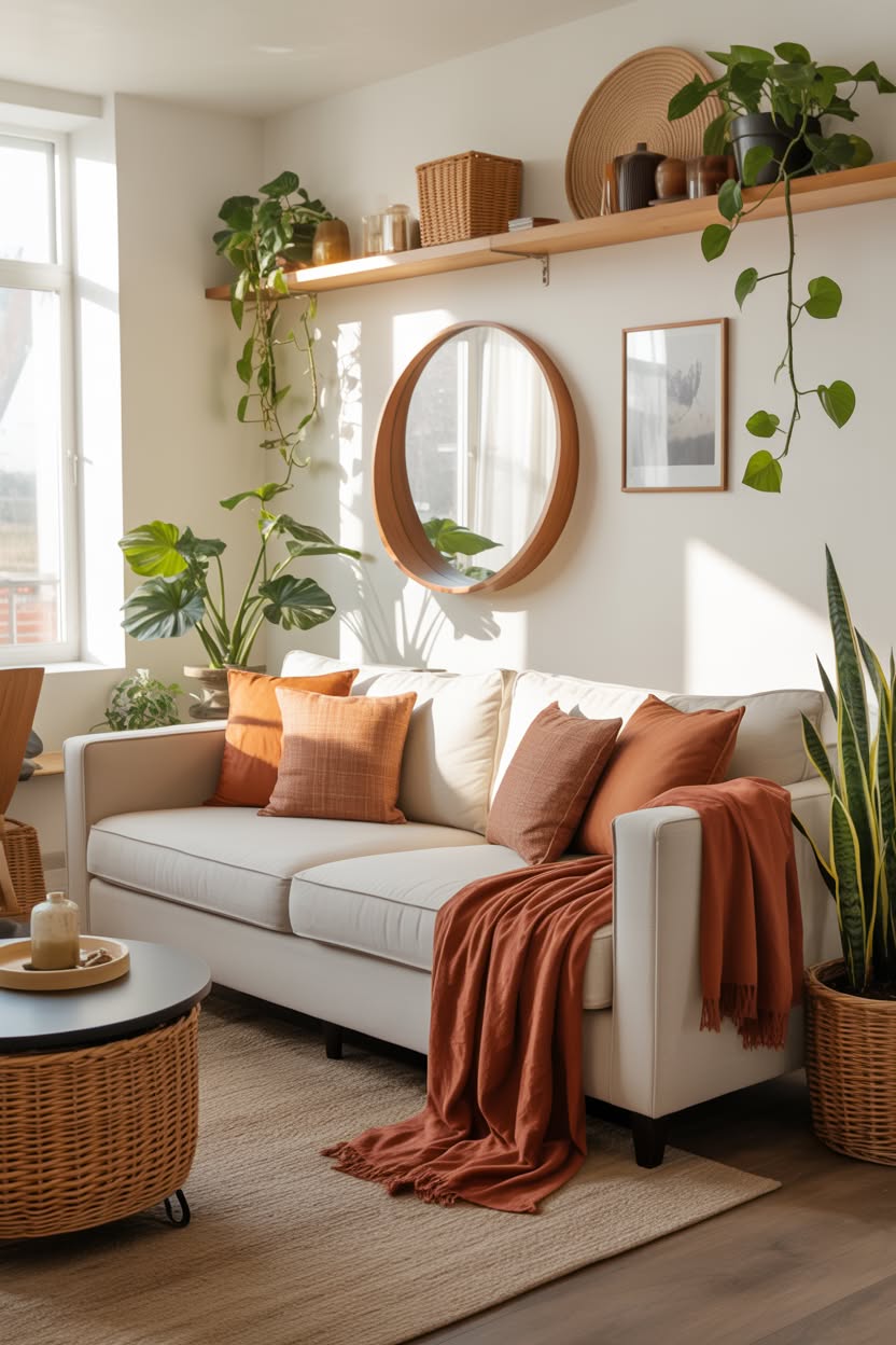 cozy cottage home with terracotta accent wall floating shelves string lights and tan leather sofa with macrame