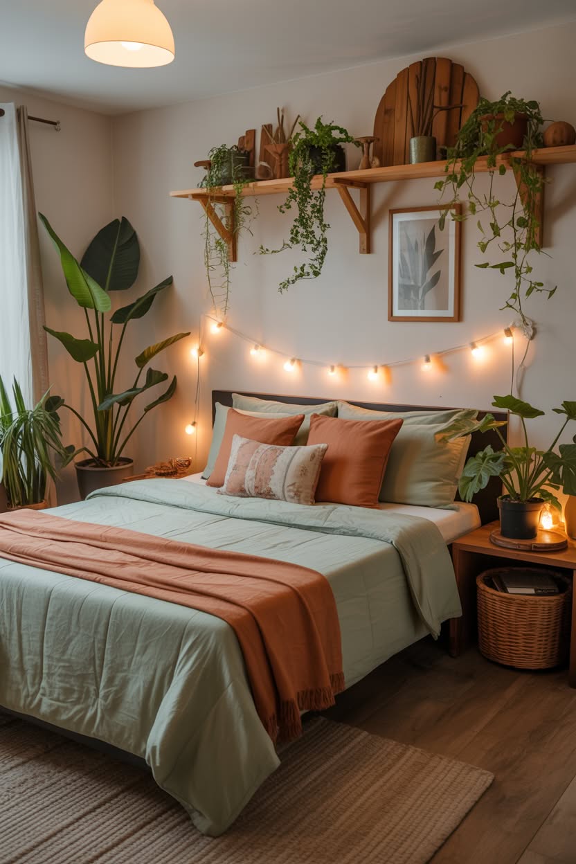 boho cottage living room with rattan sunburst mirror tan leather sofa string lights and monstera plants