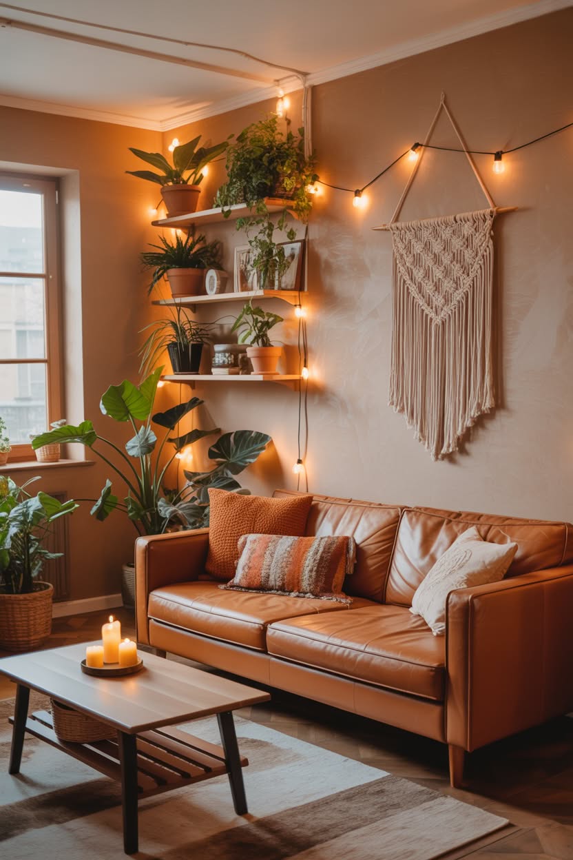 modern cottage core bedroom with string light canopy wooden shelves terracotta and sage bedding and trailing plants