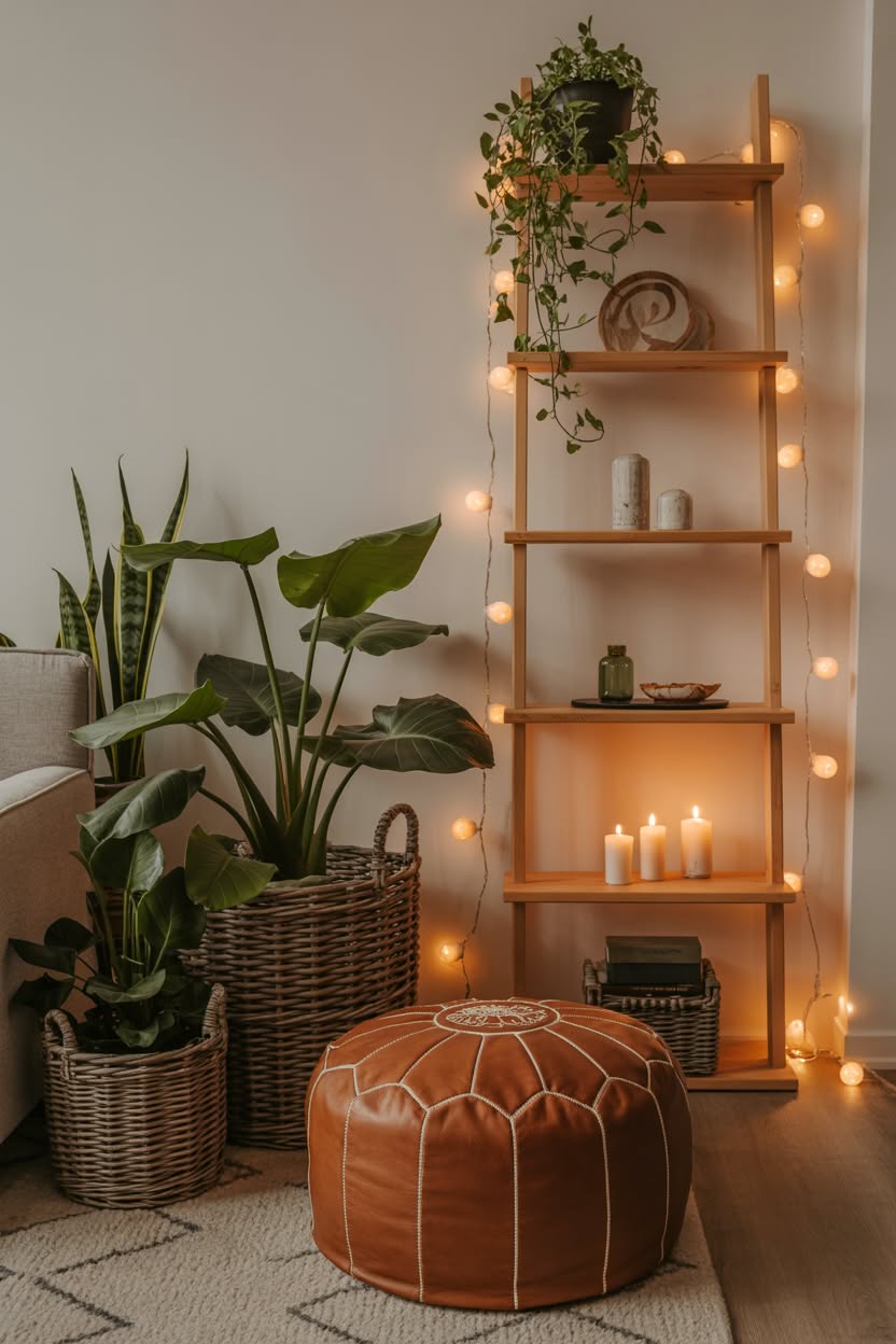 cottage aesthetic interior corner with wooden ladder shelf string lights moroccan leather pouf and cascading pothos plants