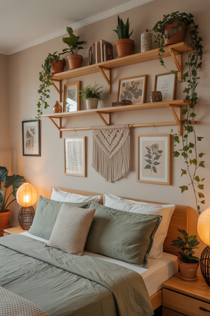 cottagecore bedroom with wooden shelves botanical gallery wall sage green bedding and trailing ivy plants
