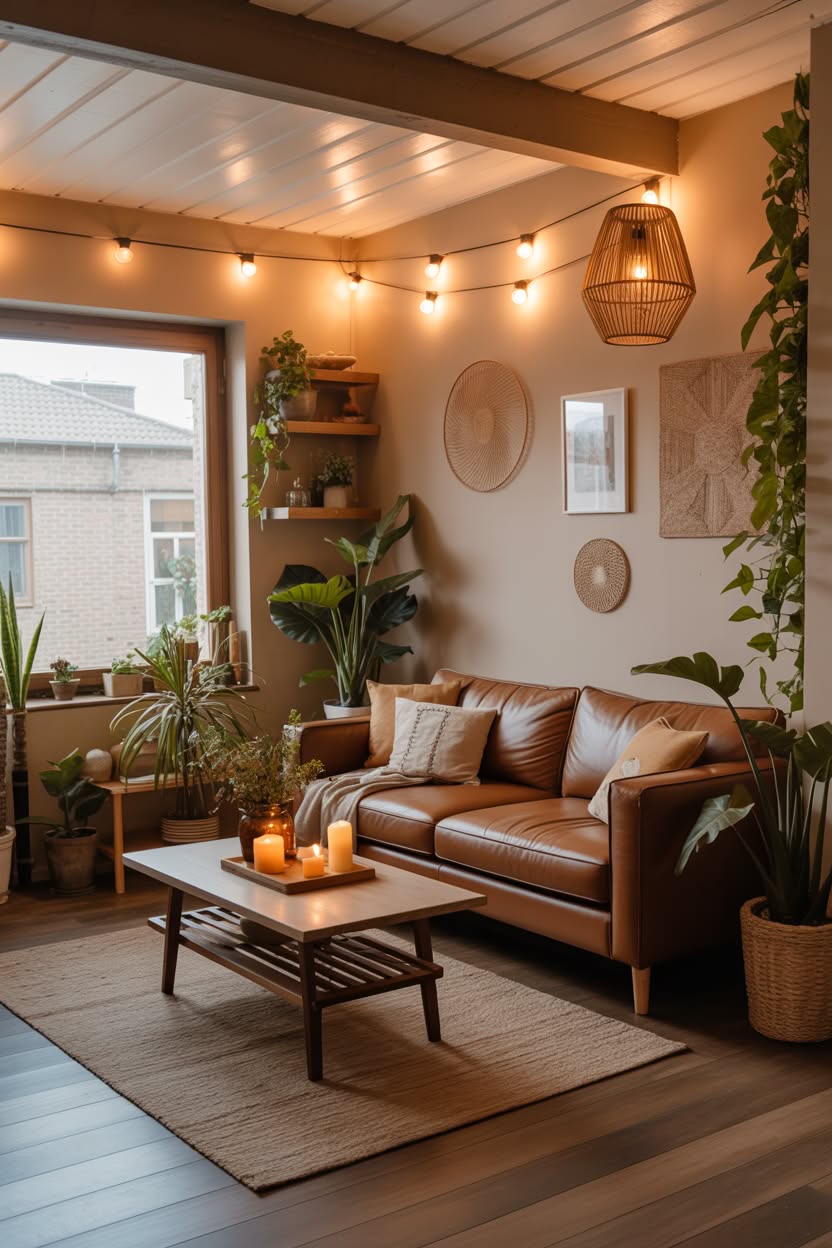 cozy cottage home with exposed wood beams string lights tan leather sofa and abundant tropical plants