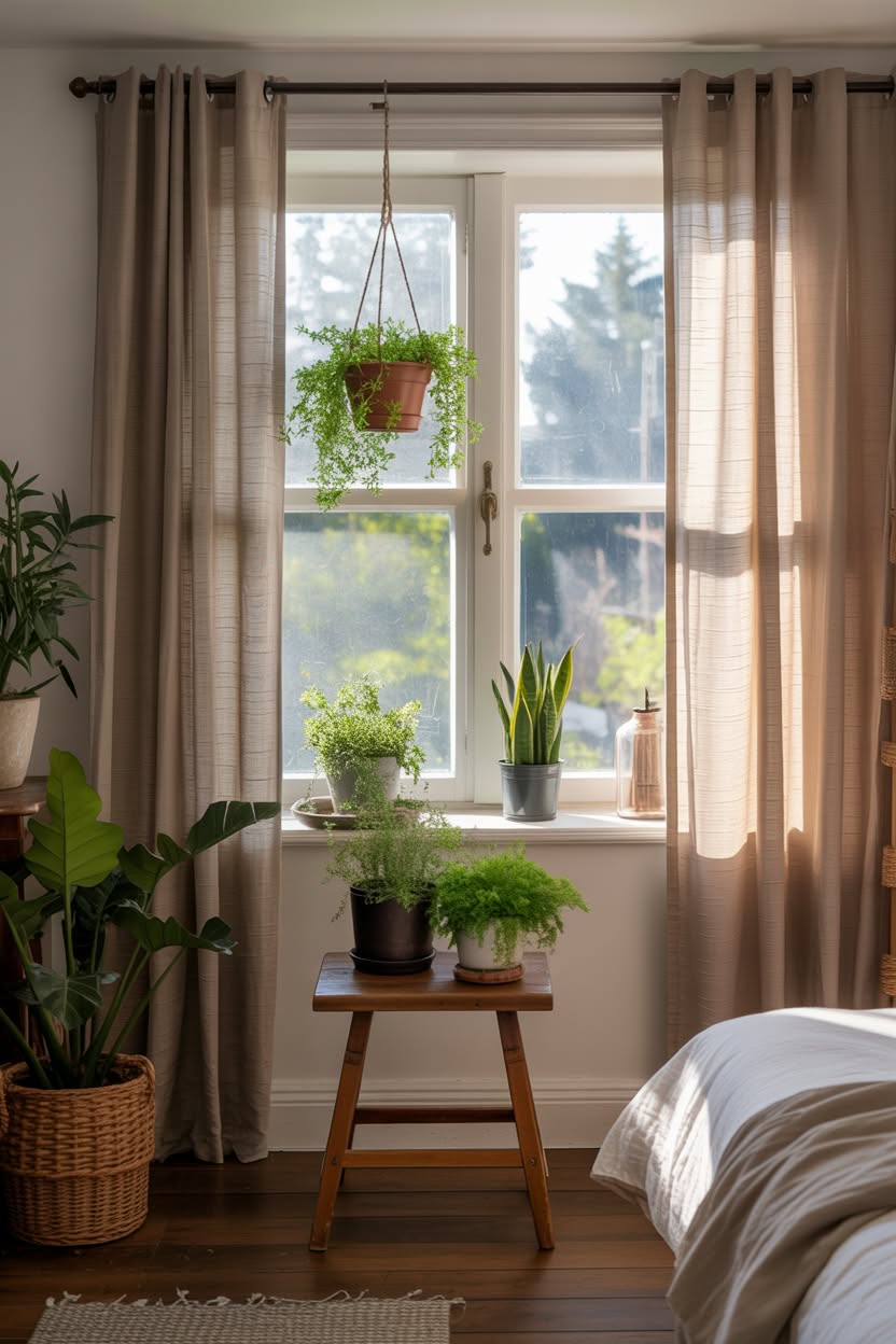 cottage inspo window display with hanging terracotta planters wooden stool herb garden and sheer linen curtains