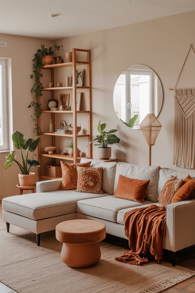 modern cottage core living room with asymmetric wooden shelves round mirror cream sectional and terracotta accents