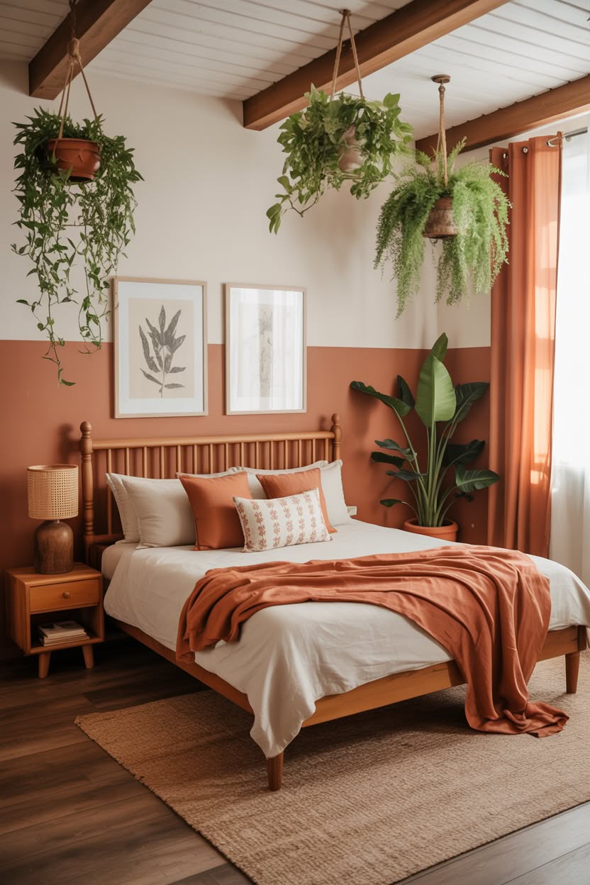 cottagecore house interior bedroom with hanging eucalyptus basket woven pendant light natural wood bed and mustard bedding