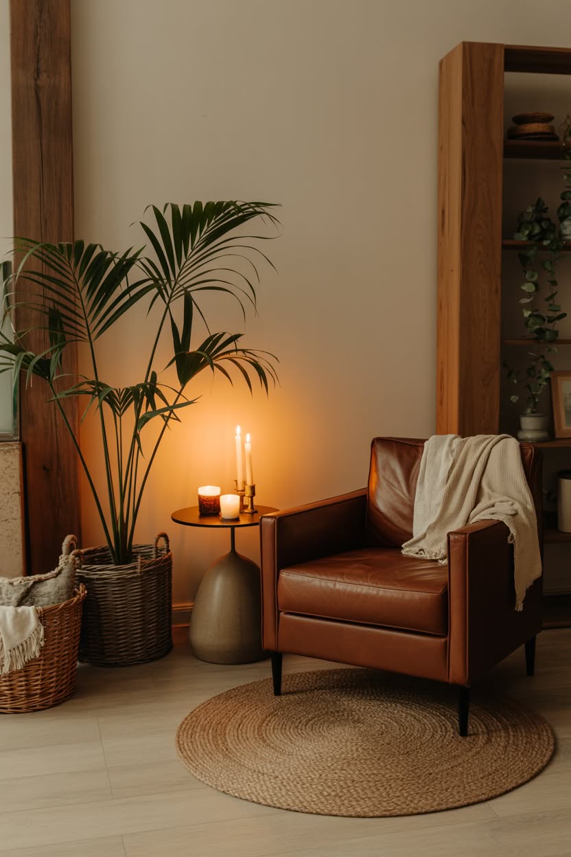 cottage aesthetic interior reading nook with cognac leather chair palm plant candles and jute rug