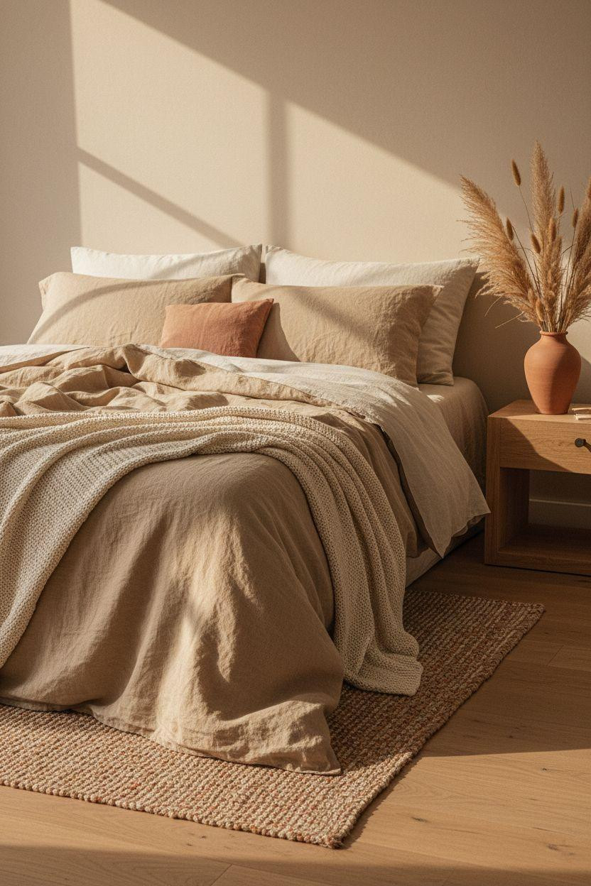 Neutral Bedroom Decor - earthy bedroom with stonewashed linen and jute accents