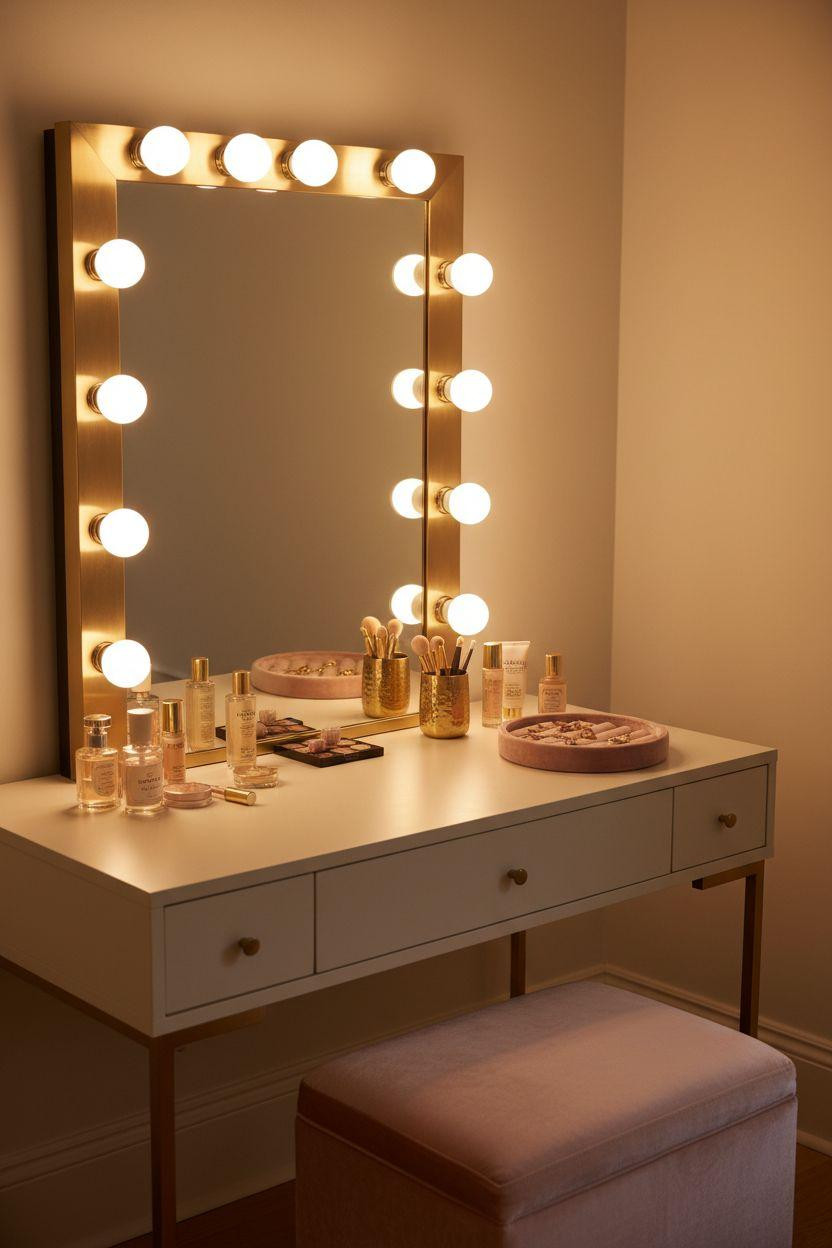 Vanity Ideas Bedroom - vanity with brass-framed LED mirror