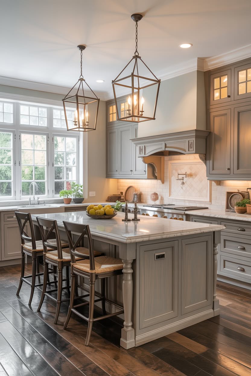 elegant gray kitchen with lantern pendant lights and marble countertops