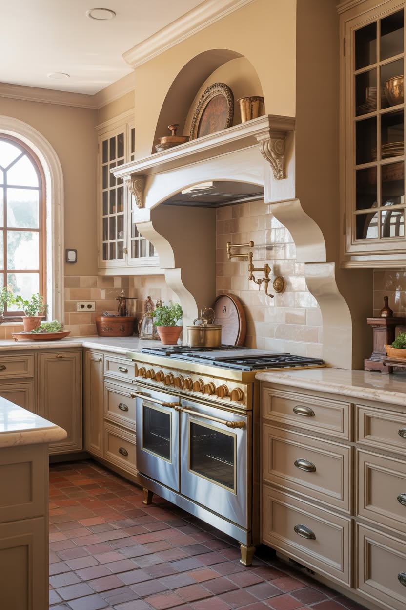 industrial kitchen with white brick walls and exposed wood beams