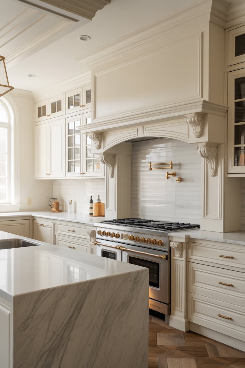 beige traditional kitchen with arched range hood and terracotta tile floor
