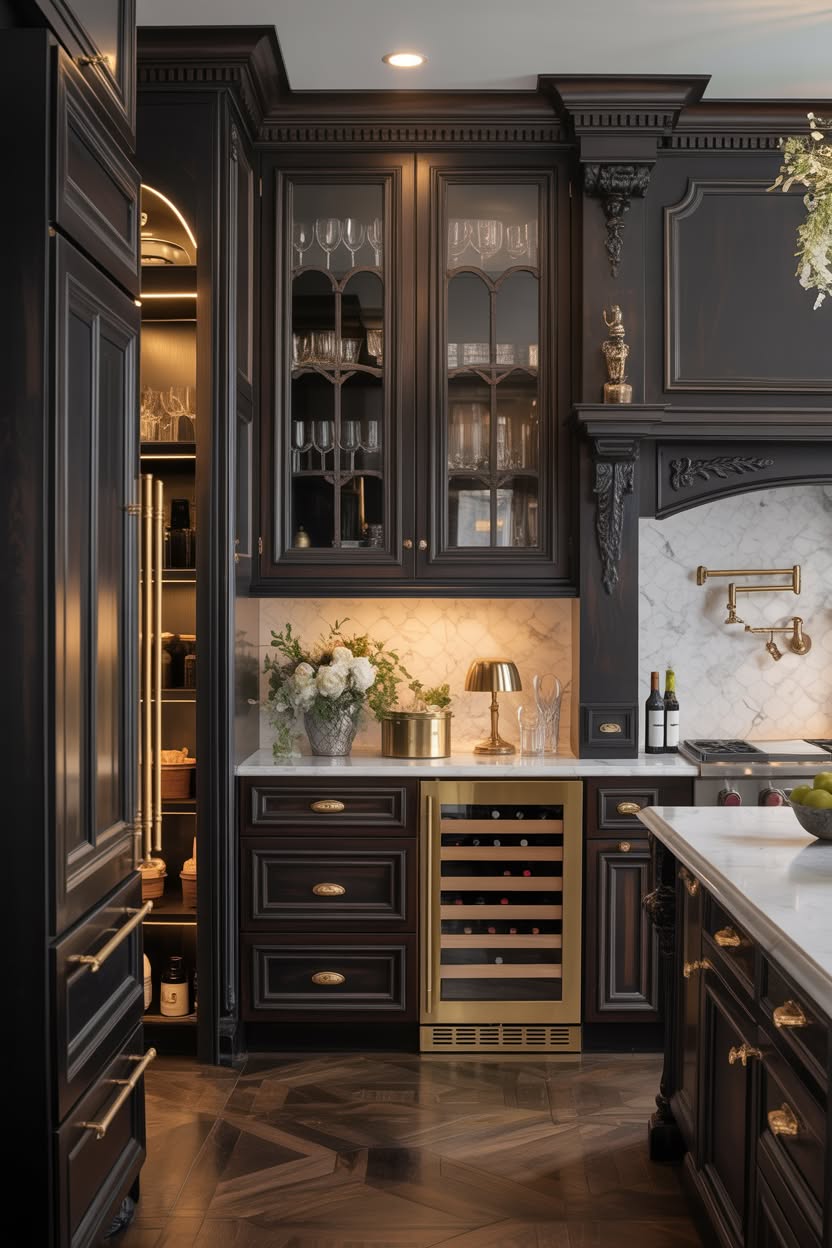 white kitchen with ornate range hood and brass pot filler